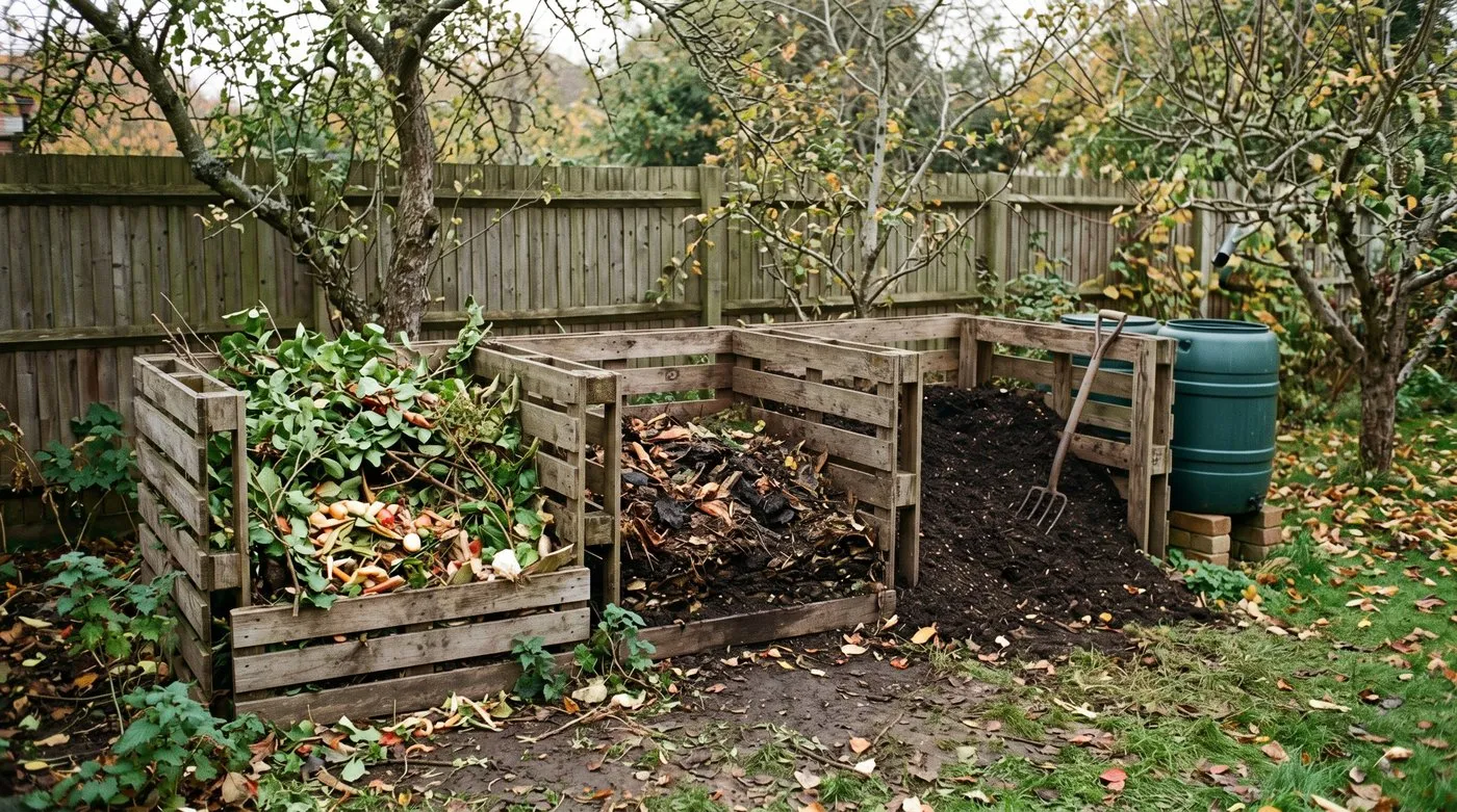 Three timber compost bays showing fresh waste, half-rotted material and finished compost