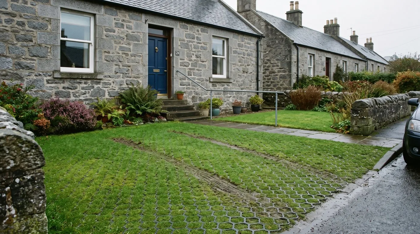 Cellular plastic grid filled with grass forming a green parking bay in front of a Scottish stone terraced house