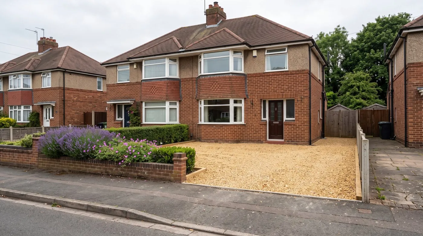 Gravel front garden drive with firm edging and planted borders outside a suburban semi-detached house