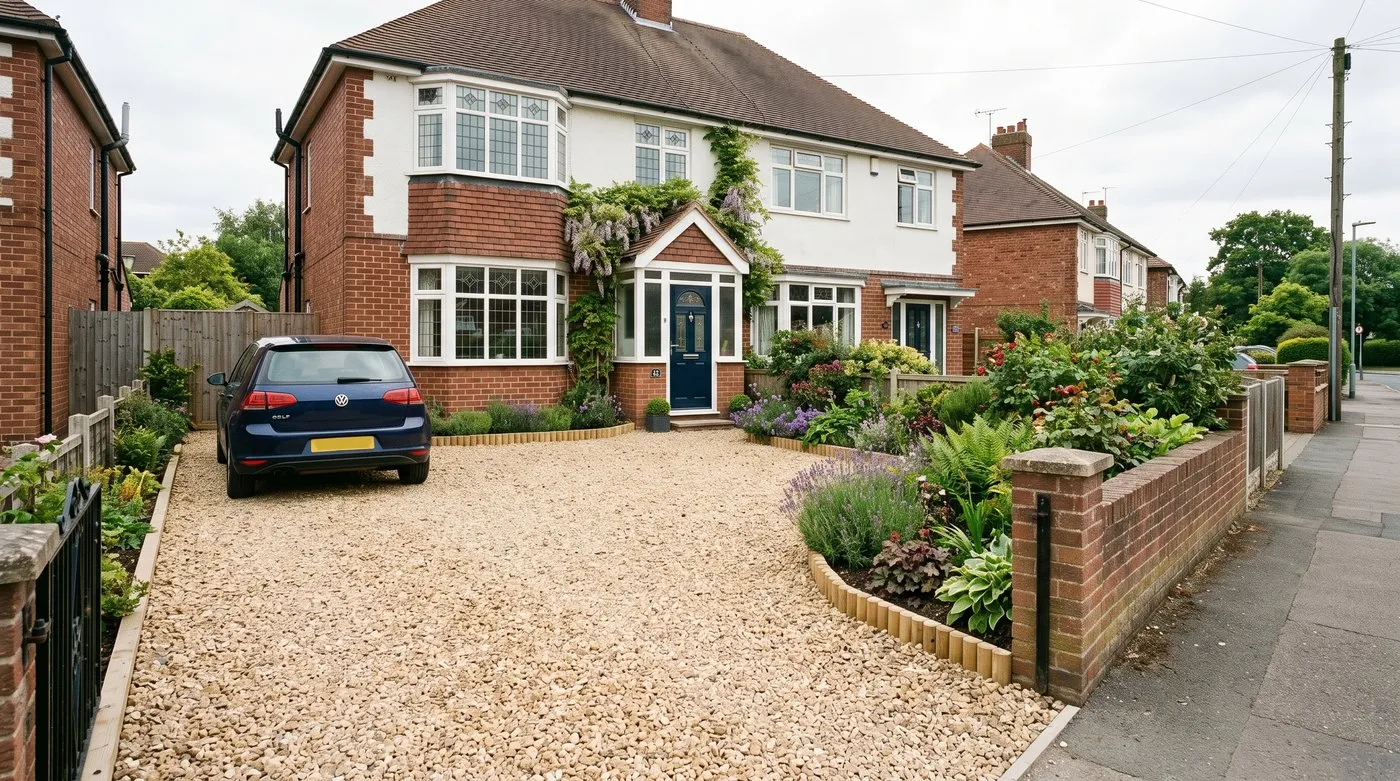 Loose 10mm gravel front garden with a car parking bay and planted borders in a suburban Midlands street