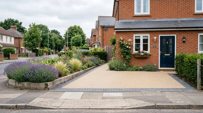 Permeable paving front garden with resin-bound gravel, block paving and retained planting beds in a UK suburban street