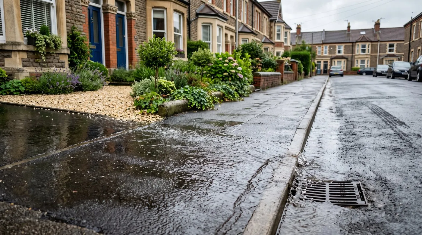 Rainwater running off a sealed impermeable driveway into the gutter and road while a permeable gravel garden opposite stays dry