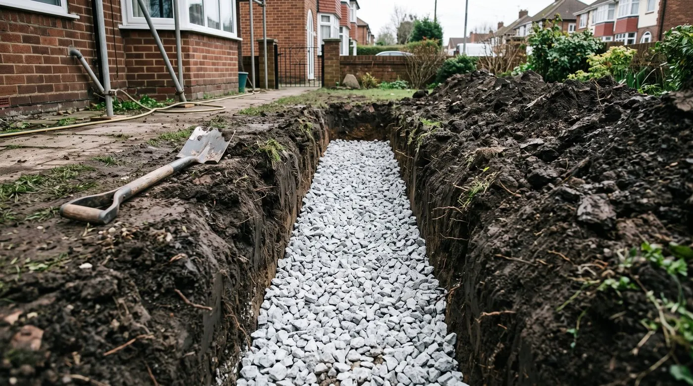 Cross-section trench showing 150mm of clean crushed stone no-fines sub-base under a permeable front garden surface