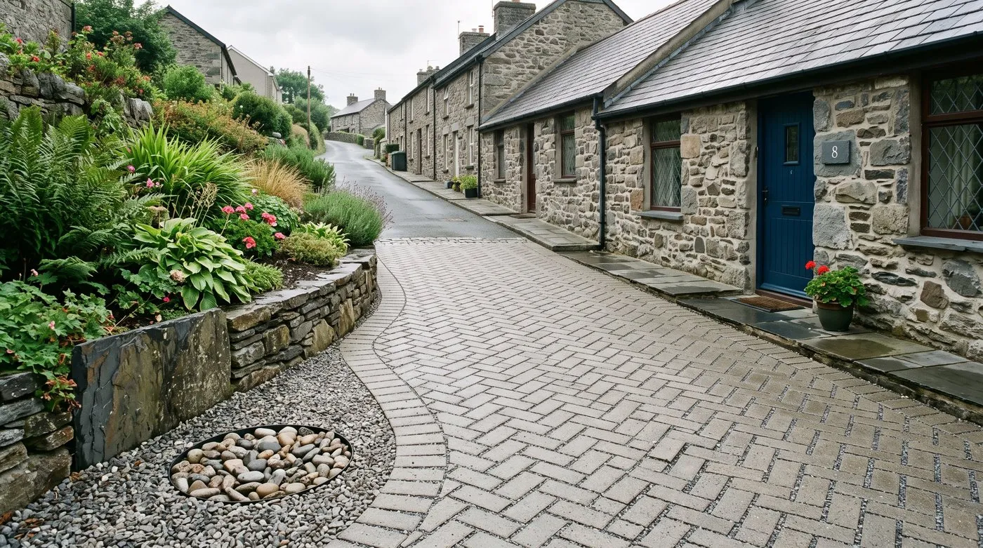 Permeable block paving driveway with a retained planted border and soakaway detail beside a Welsh terraced house