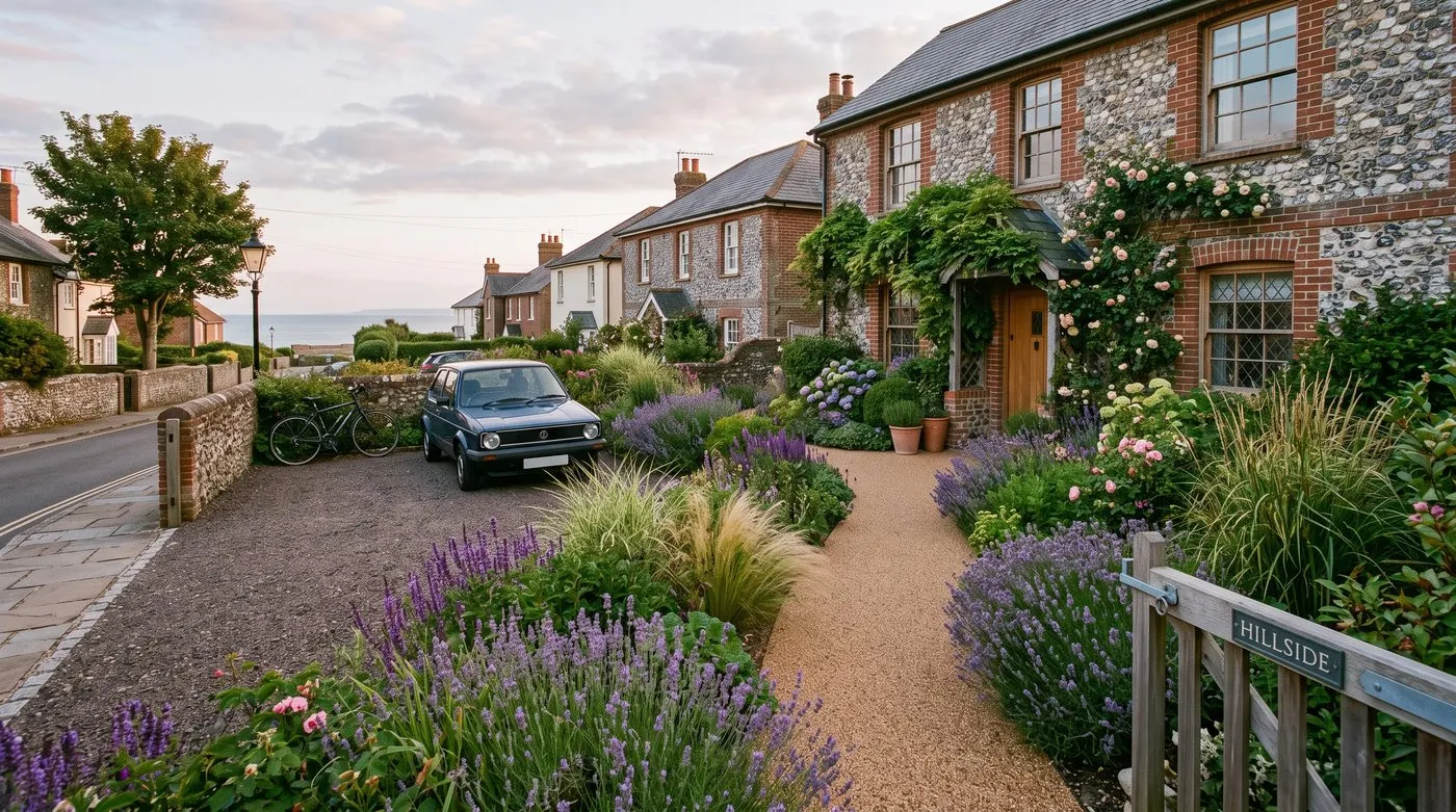 Permeable front garden with resin-bound path, planted lavender border and gravel parking area in a seaside Sussex garden