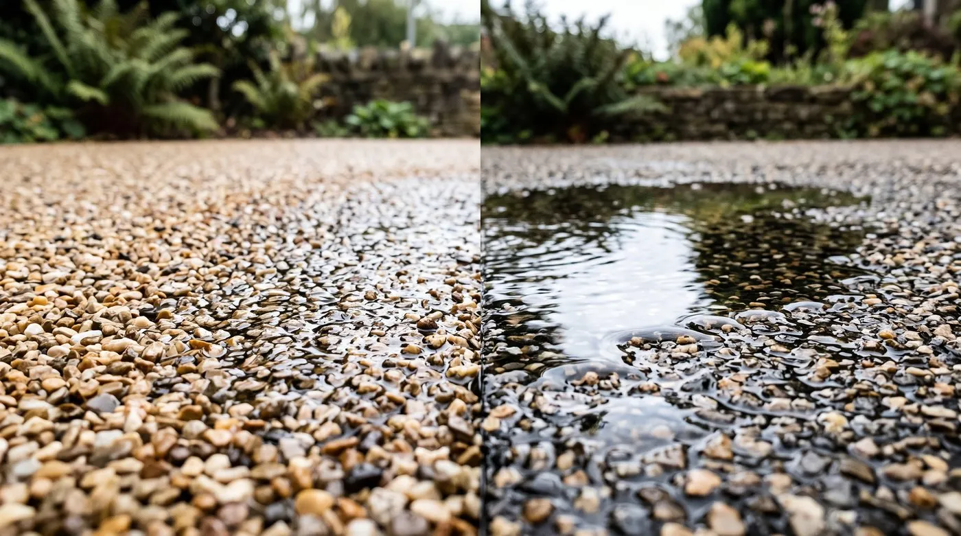 Diagnostic comparison of two front garden surfaces, water soaking into resin-bound gravel on the left and pooling on sealed resin-bonded gravel on the right