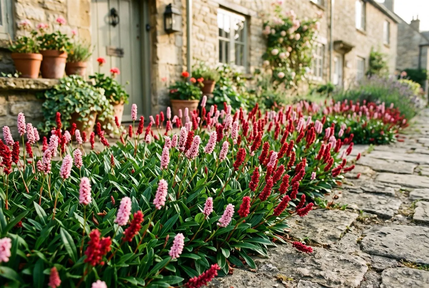 Persicaria affinis groundcover mat with pink and red flower spikes edging a stone garden path