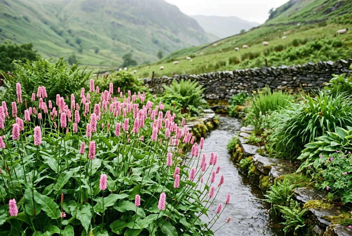 Pink pokers of Persicaria bistorta Superba flowering beside a stream in a damp Welsh valley garden