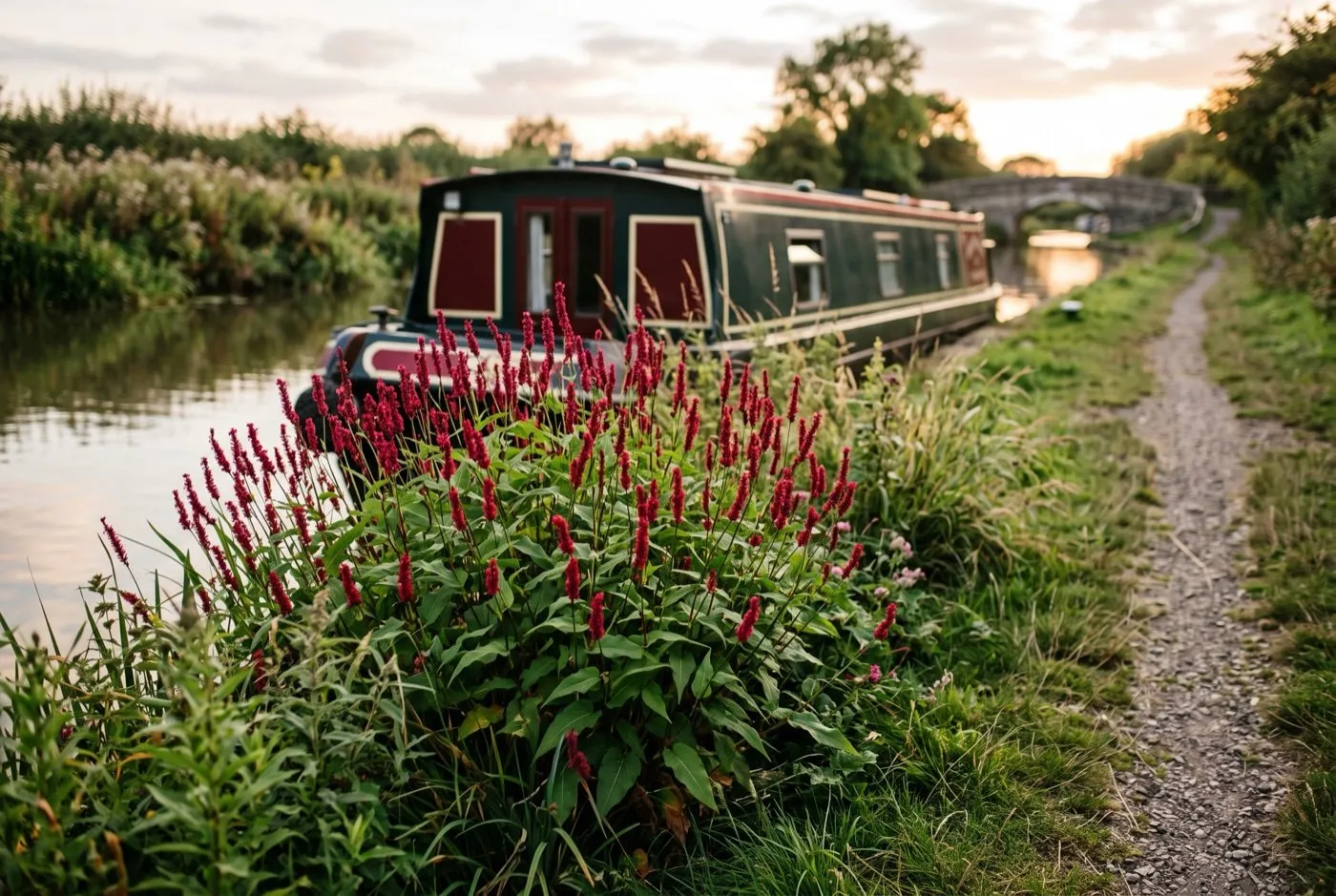 Late-summer canalside garden border with crimson persicaria spikes beside a towpath in northern England