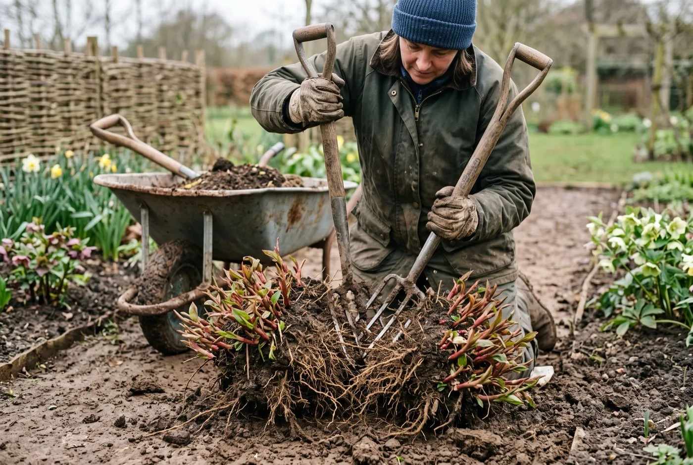 Gardener dividing a lifted persicaria clump with two garden forks on a spring clay border