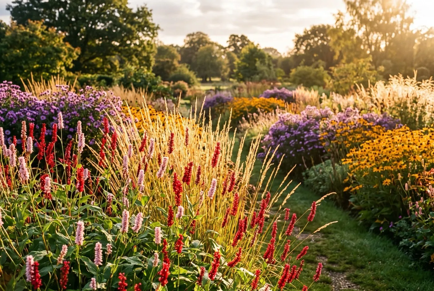 Persicaria Firetail and Rosea threaded through ornamental grasses in a prairie-style UK planting scheme