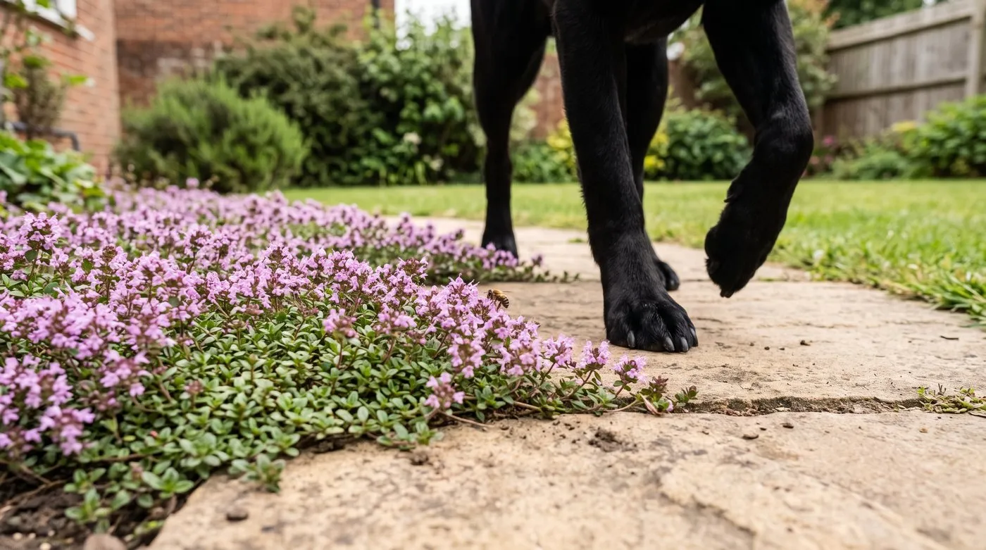 Pet-safe creeping thyme flowering between paving slabs as a dog walks along the path