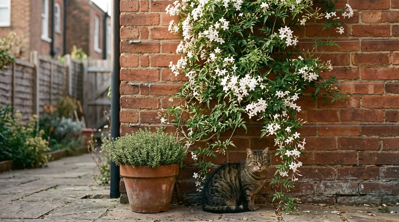 Pet-safe common jasmine flowering on a sunny wall with a tabby cat sitting below