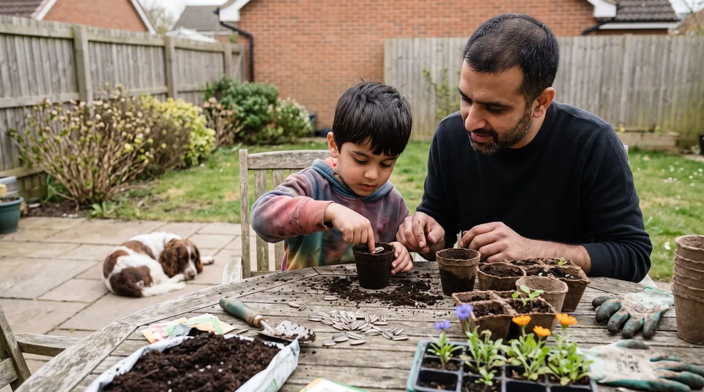 Father and son sowing pet-safe sunflower seeds into pots on a patio with their dog nearby