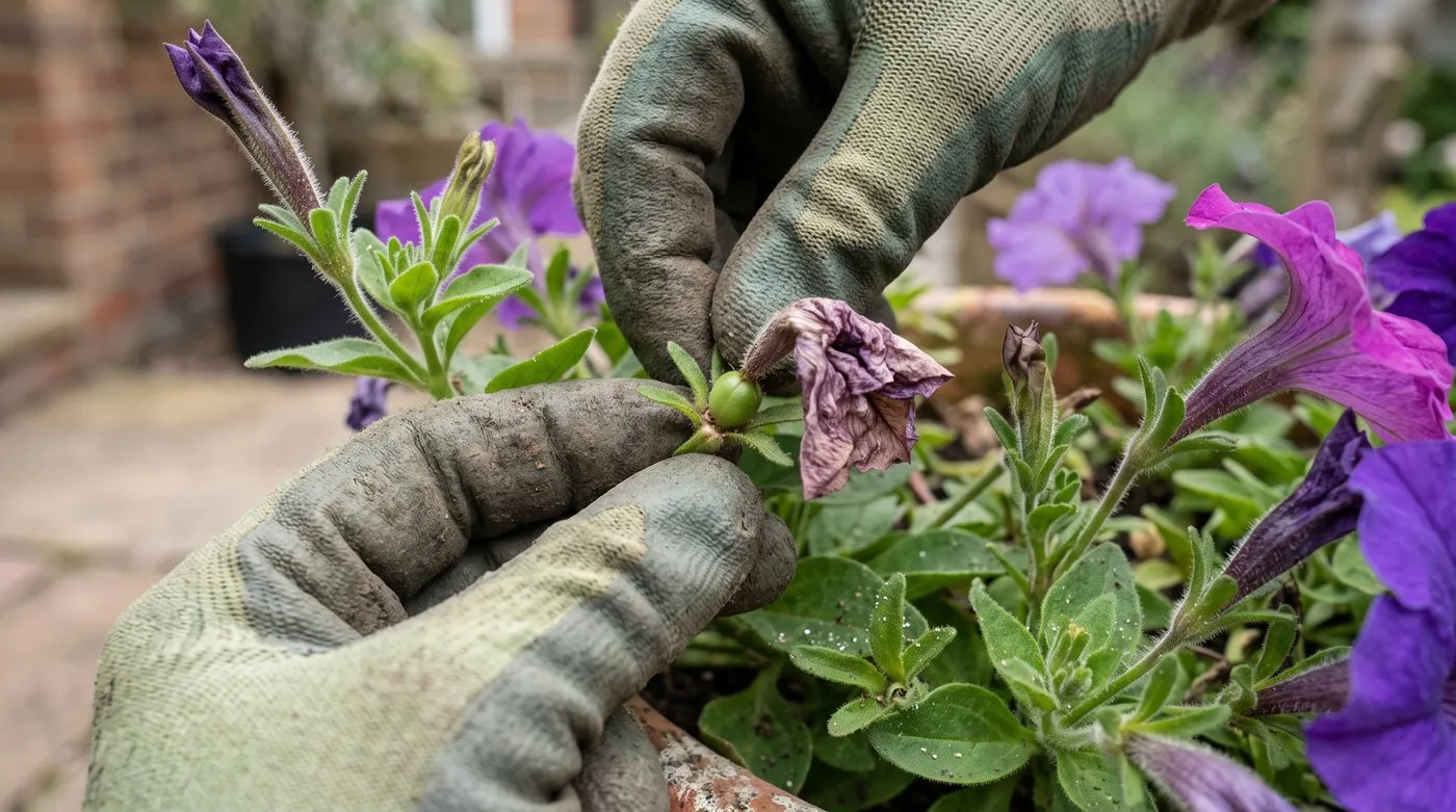 Faded petunia flower being removed with its small round seed pod still attached