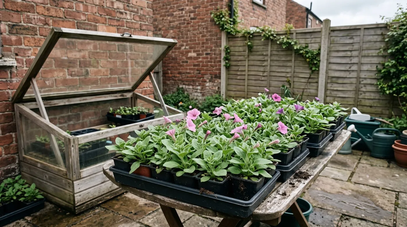 Young petunia plants in trays hardening off on a sheltered patio beside a cold frame