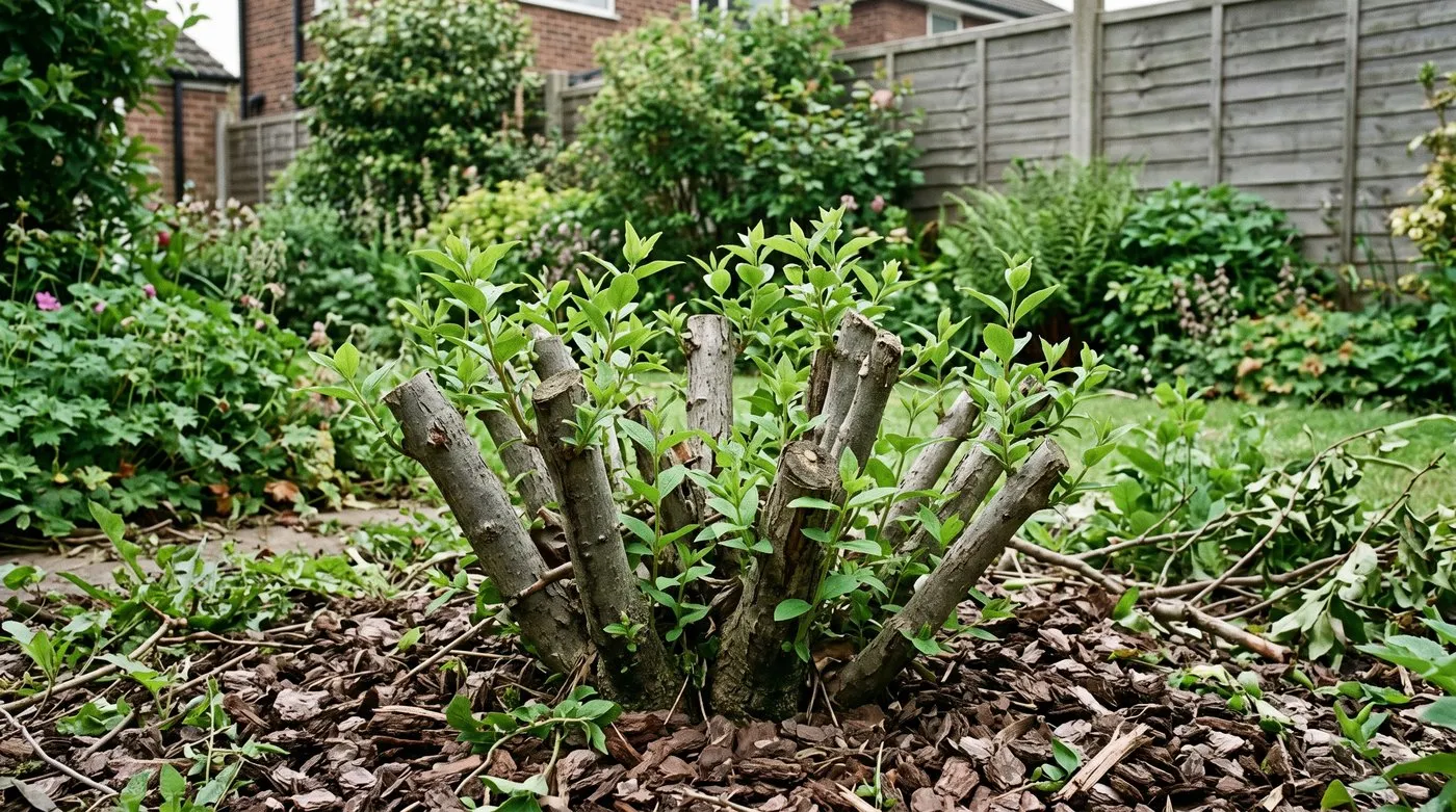 Philadelphus cut back hard to 30cm stumps, sprouting lots of fresh green shoots