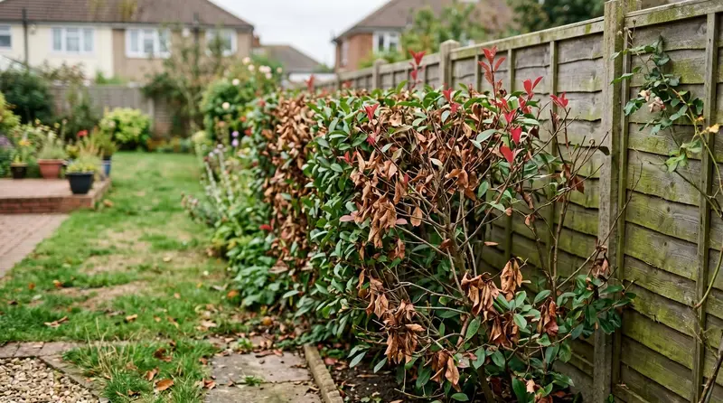 Photinia Red Robin hedge in a UK garden with patches of brown dead foliage and bare stems among green leaves