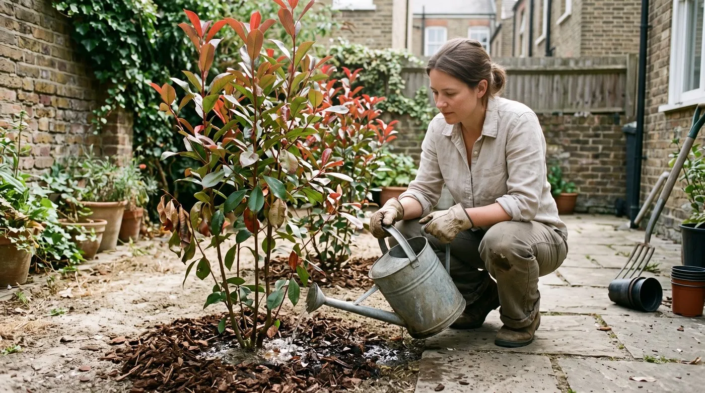 Gardener slowly watering the base of a young Photinia Red Robin hedge with a watering can in dry weather