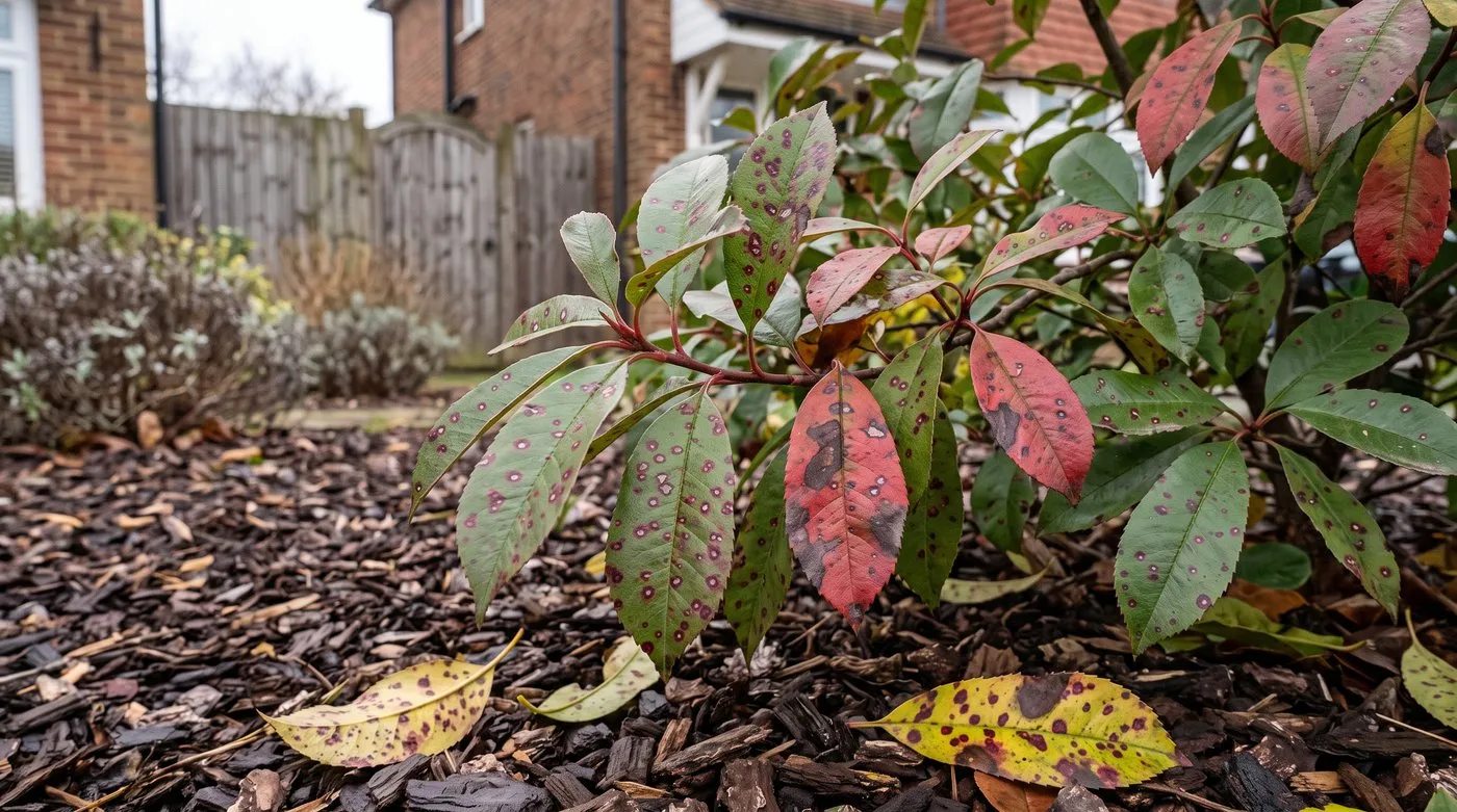 Photinia Red Robin leaves covered in red-purple spots merging into brown blotches, with fallen leaves below
