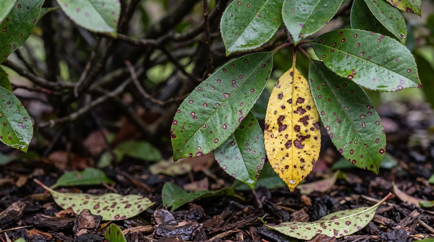 Photinia leaves with dark brown spots edged in purple, a sign of photinia leaf spot