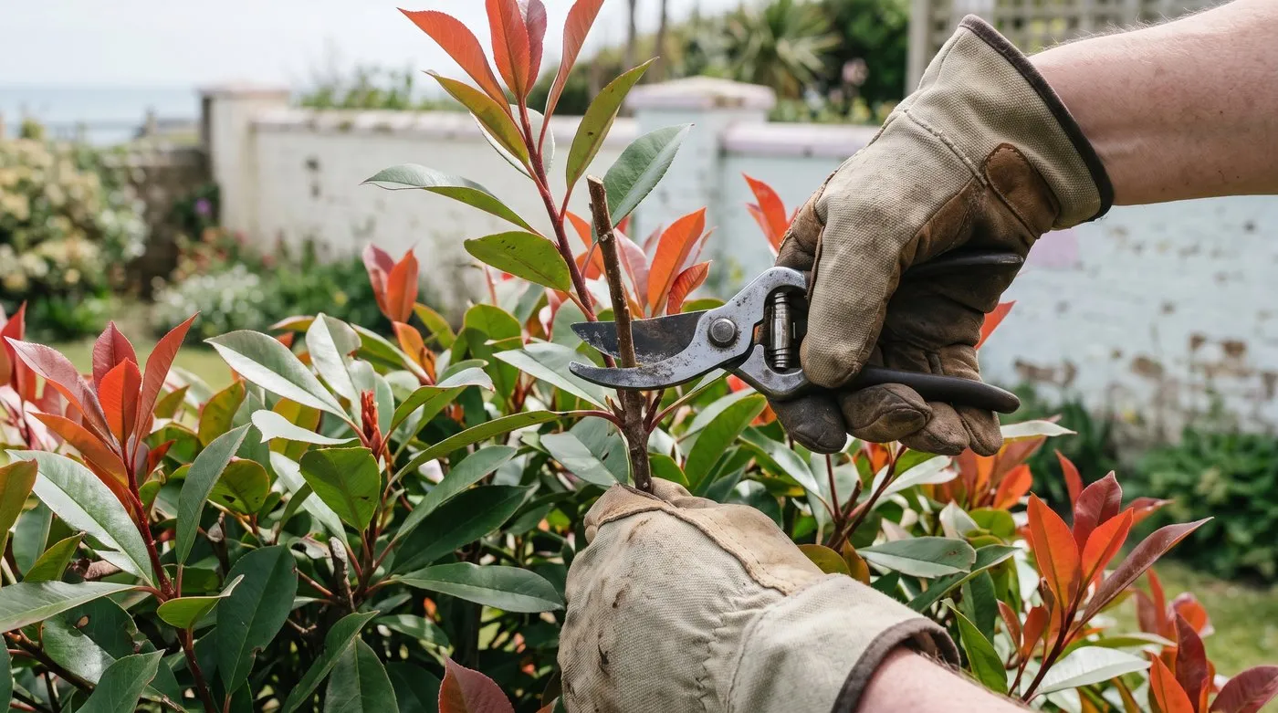 Gloved hands pruning a Photinia Red Robin stem above a leaf joint with secateurs in May