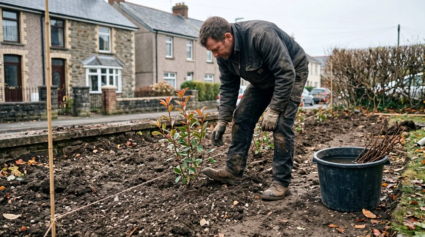Man planting a staggered double row of bare-root photinia Red Robin along a string line