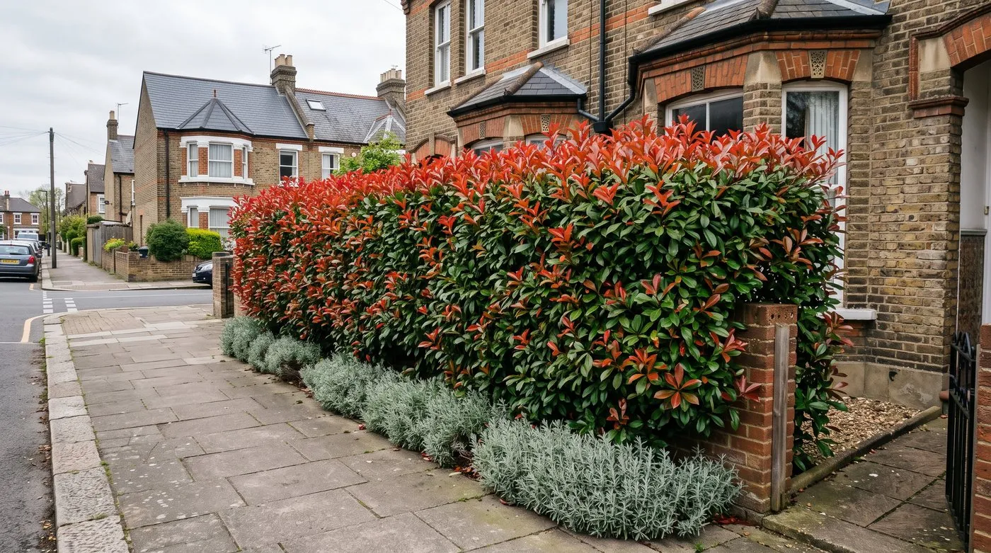 Photinia Red Robin hedge with scarlet new shoots along a city front garden