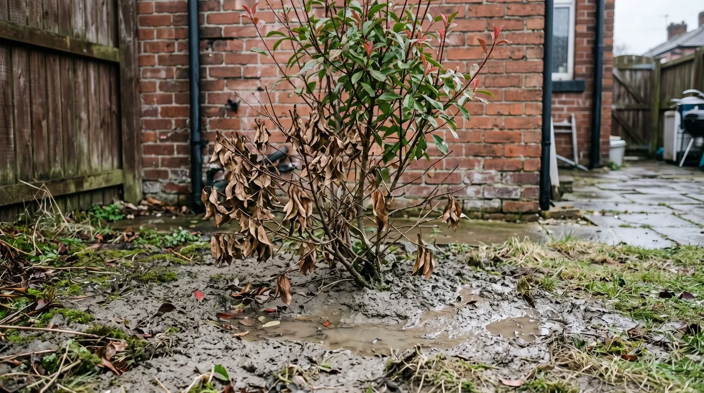 Photinia Red Robin dying back from the base with brown leaves hanging on, standing in waterlogged clay soil