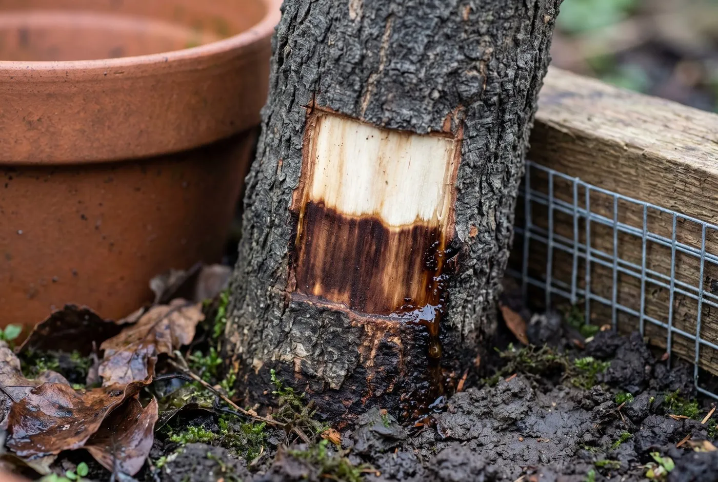 Dark reddish-brown stain under peeled bark at the stem base confirming phytophthora root rot in the UK