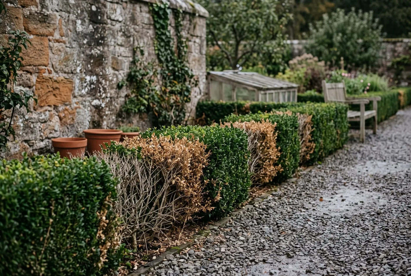 Formal box hedge dying in brown patches from phytophthora root rot in a Scottish walled garden