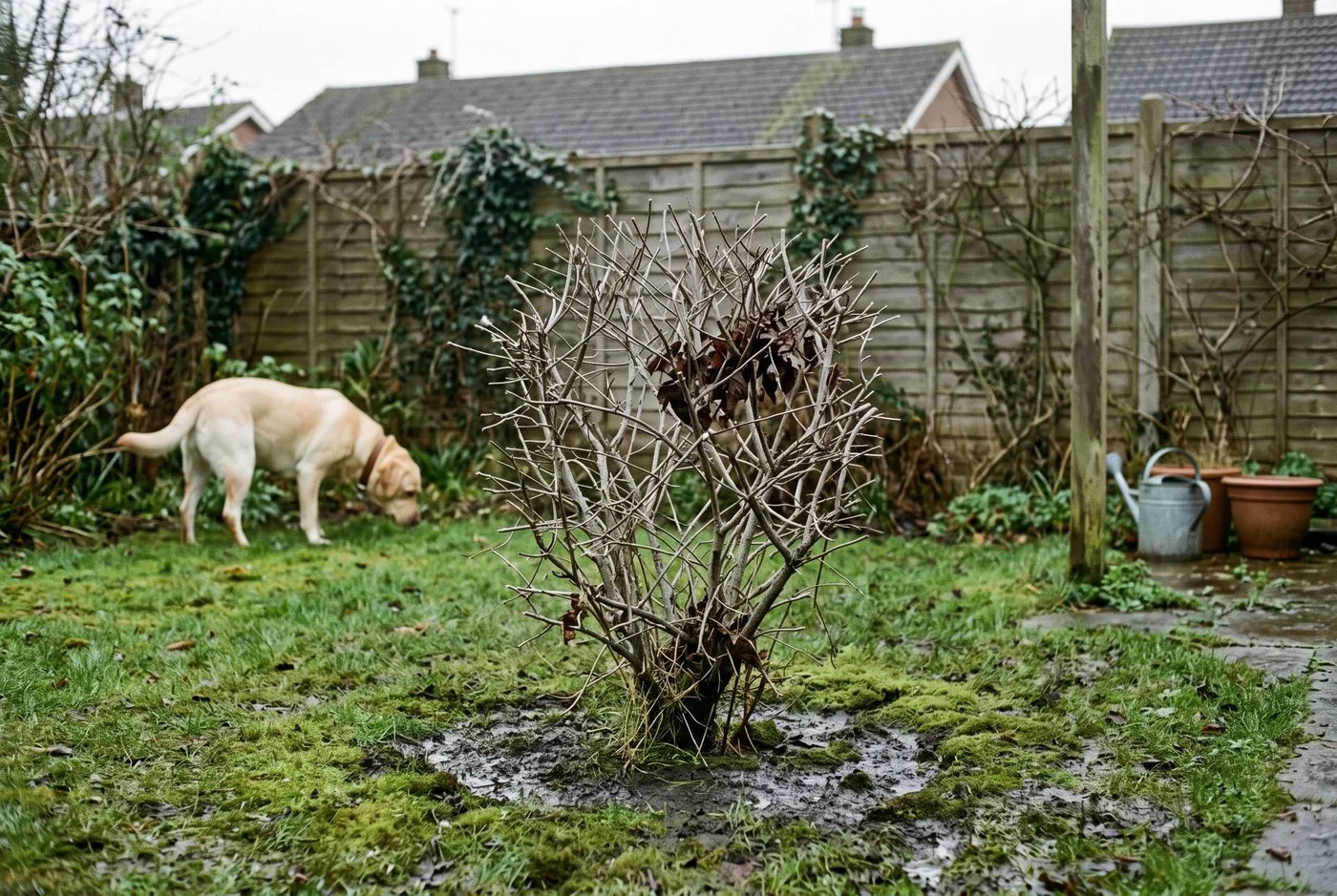 Shrub killed by phytophthora root rot, reduced to bare sticks on a wet mossy lawn with a labrador sniffing nearby