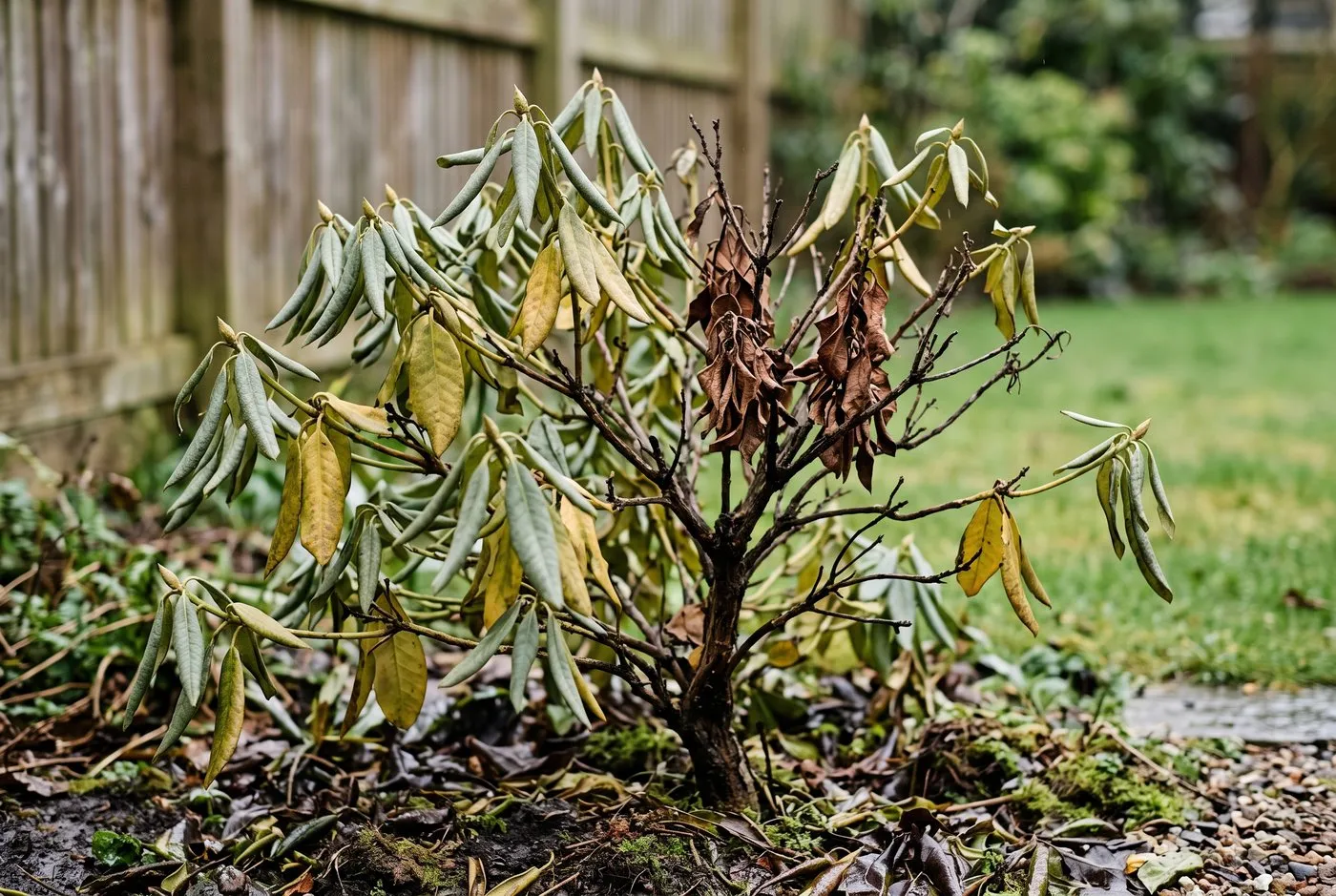 Phytophthora root rot symptoms on a rhododendron with sparse yellowing foliage and dieback in a wet suburban garden