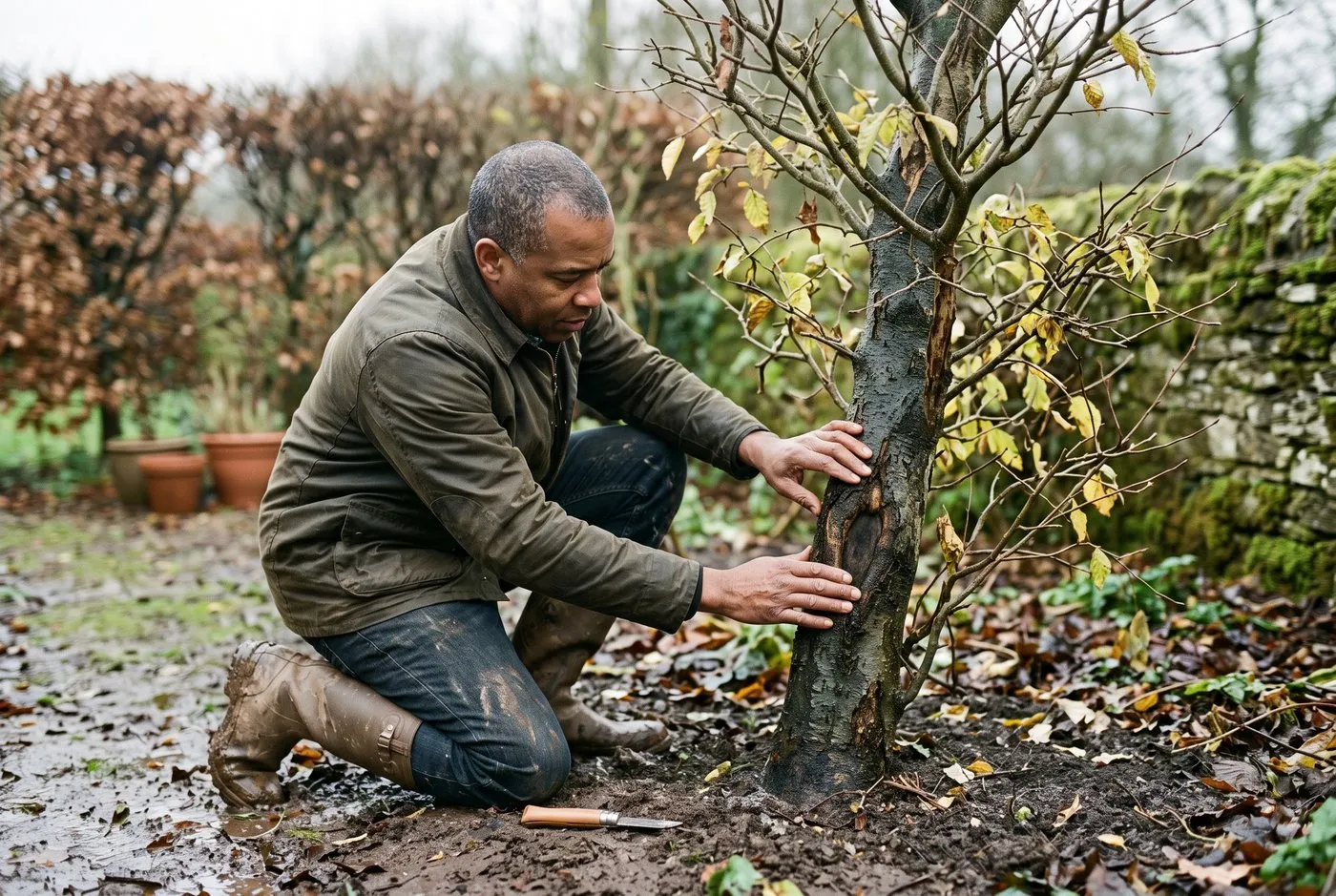 Black British gardener in his 50s checking the dark-stained base of a dying tree for phytophthora root rot