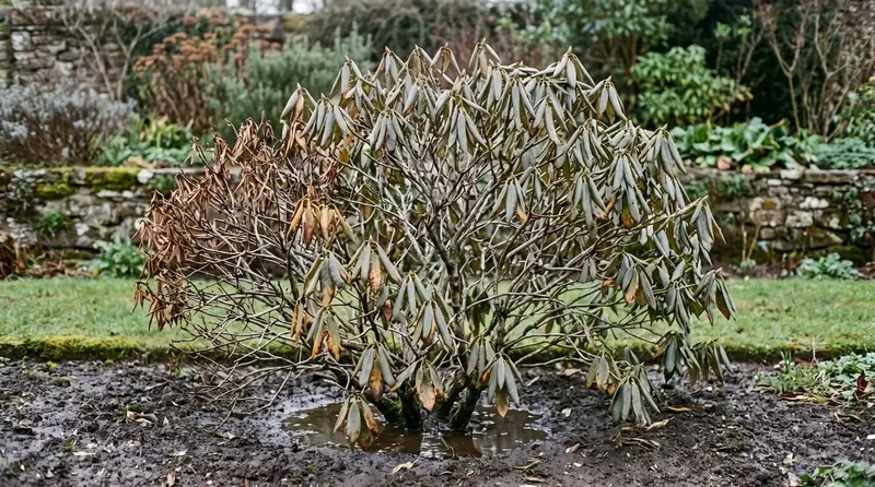 Phytophthora root rot killing a rhododendron, drooping dull leaves and dieback above standing water in a walled garden