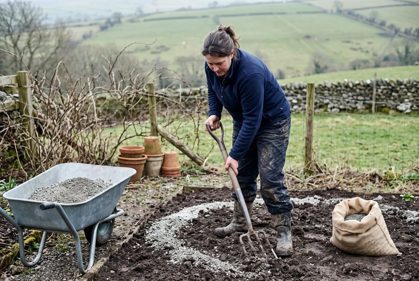 Woman in her 40s forking coarse grit into a wet hillside border to cut the risk of phytophthora root rot