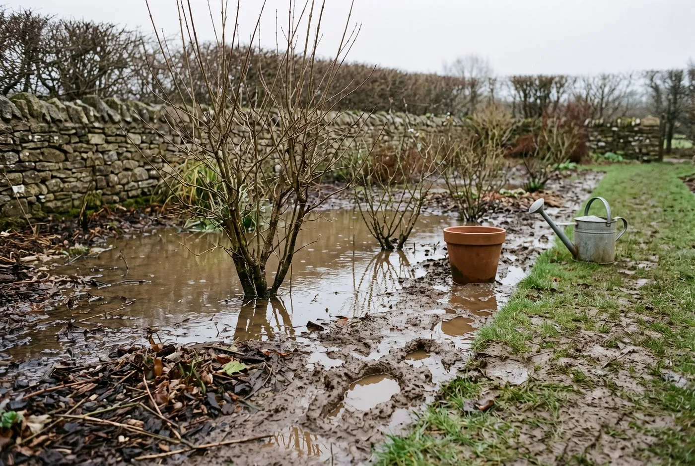 Waterlogged clay border with standing surface water showing the wet conditions phytophthora zoospores need to spread