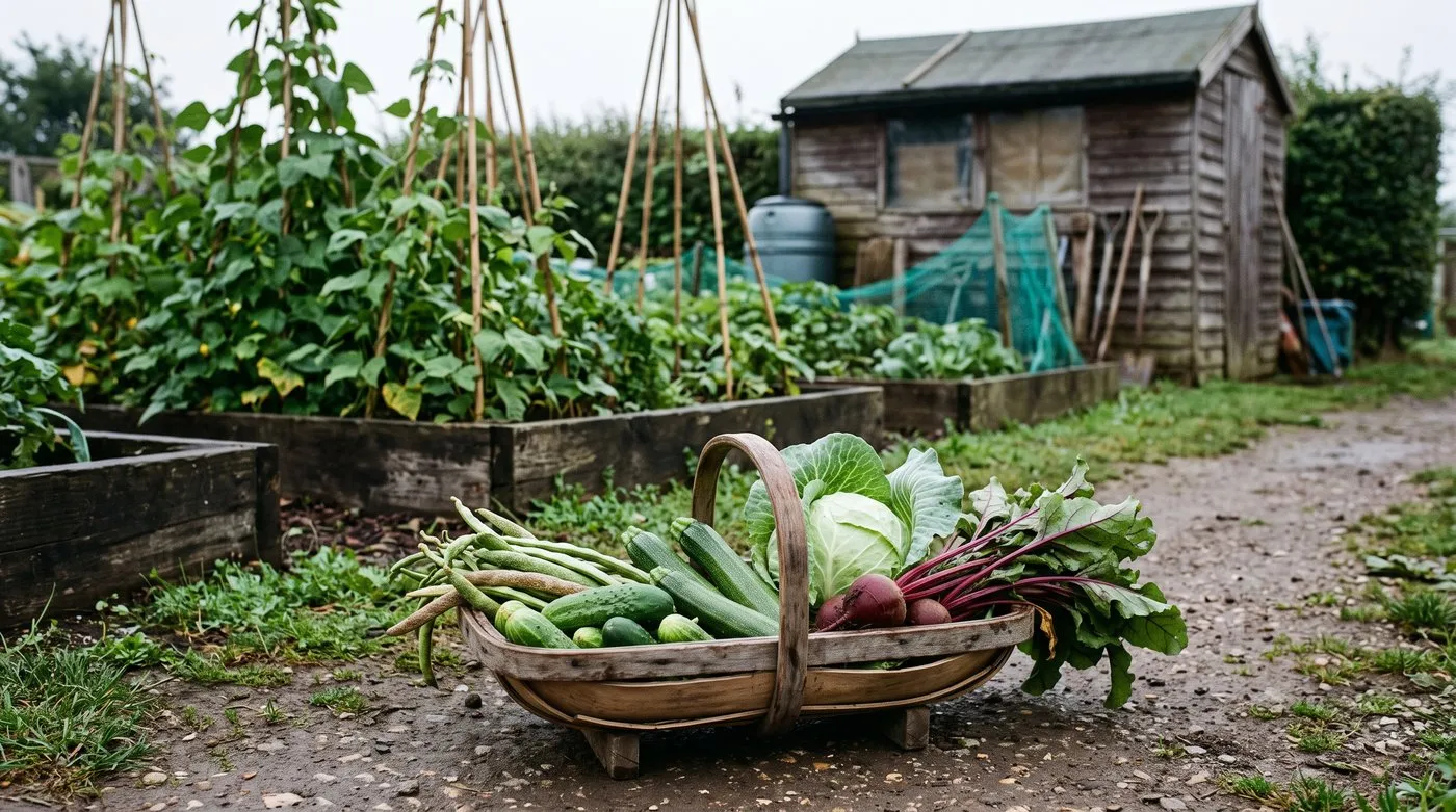 Allotment trug of cucumbers, courgettes, runner beans, cabbage and beetroot ready to preserve