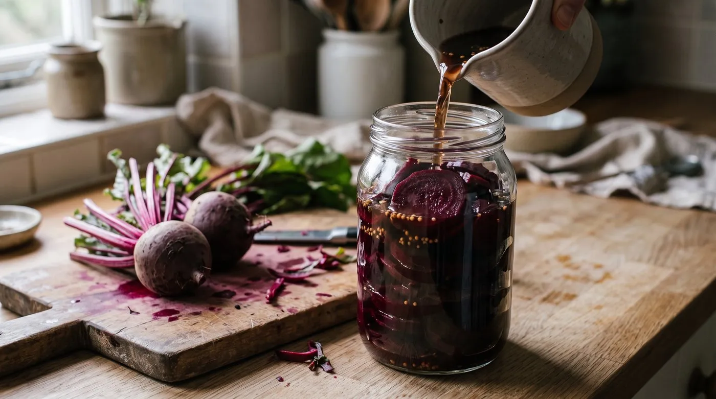 Sliced cooked beetroot packed into a jar as spiced vinegar brine is poured in
