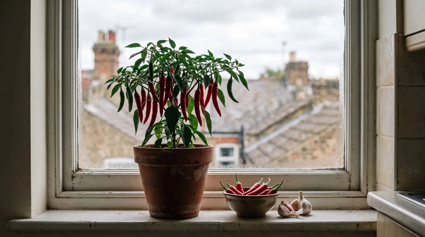 Chilli plant on a kitchen windowsill covered in ripe red cayenne chillies ready for hot sauce