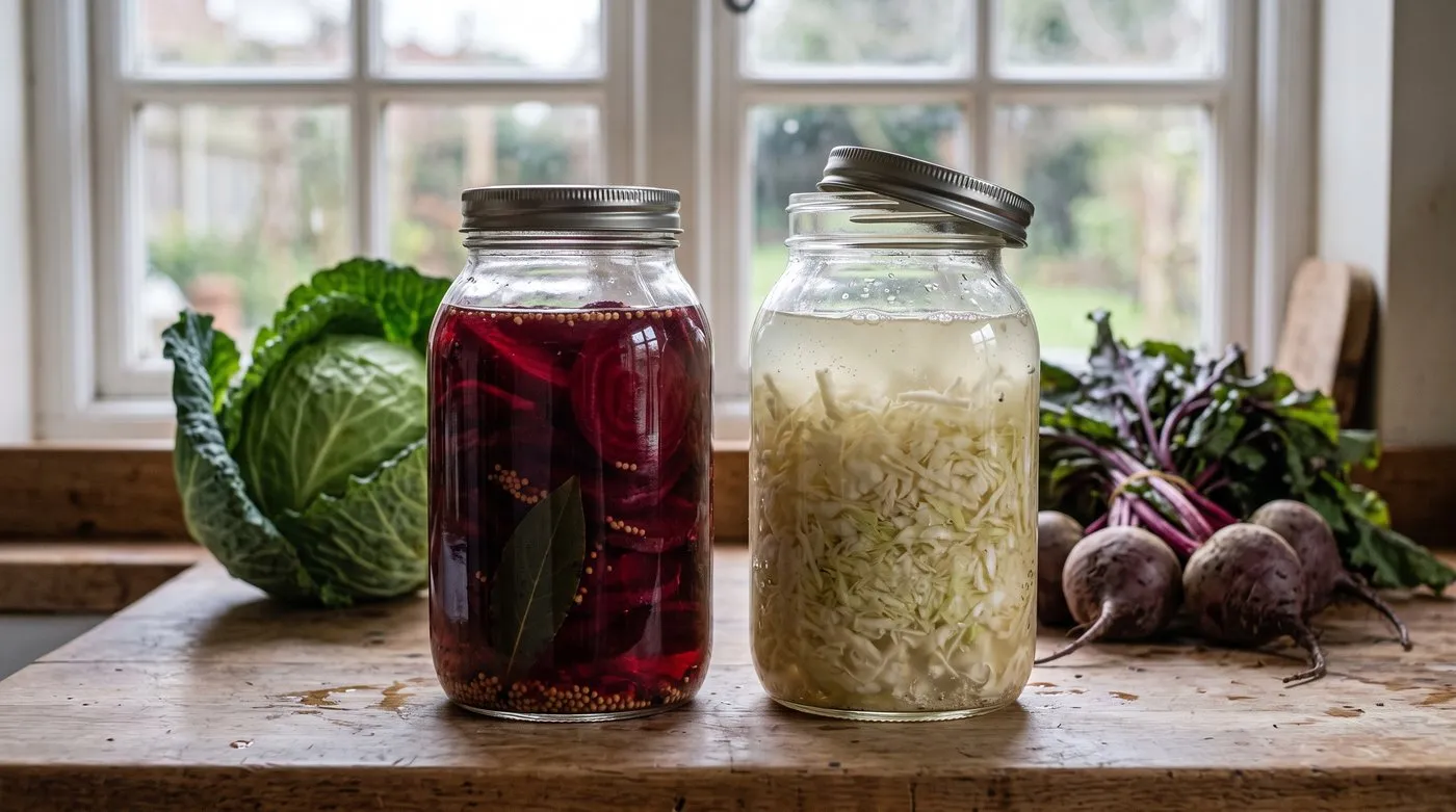 Jar of pickled beetroot in vinegar beside a jar of fermenting sauerkraut in cloudy brine