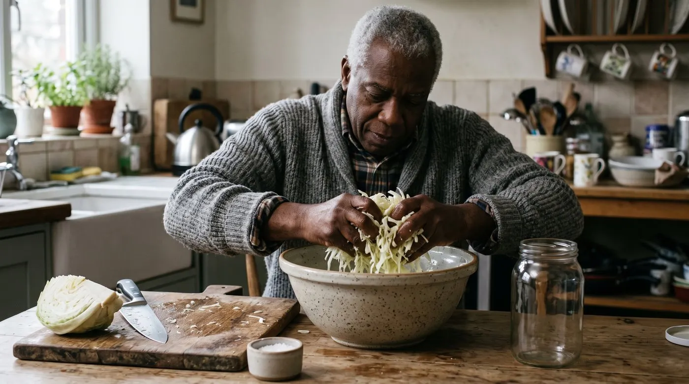 Man massaging shredded cabbage with salt in a bowl to make sauerkraut