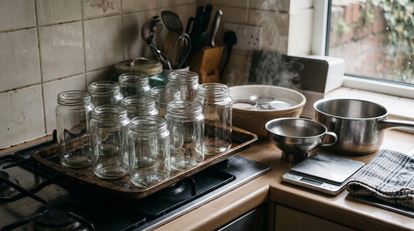 Glass preserving jars sterilised on a baking tray with a funnel, scales and stainless steel pan