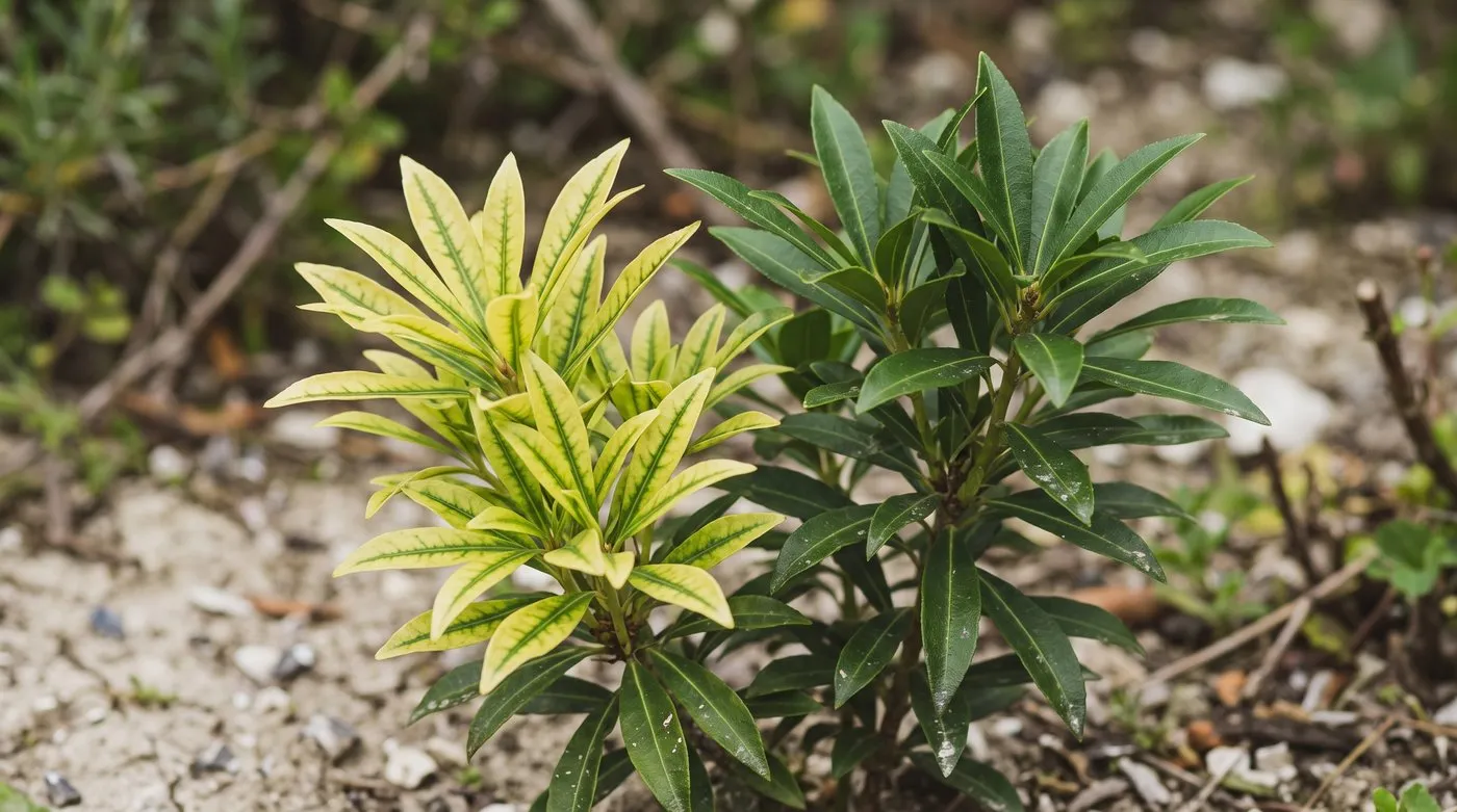Pieris leaves turned yellow between green veins from lime-induced chlorosis