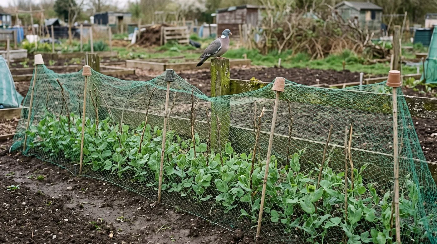 Young peas on twiggy pea sticks under netting held on canes, with a wood pigeon watching from a post