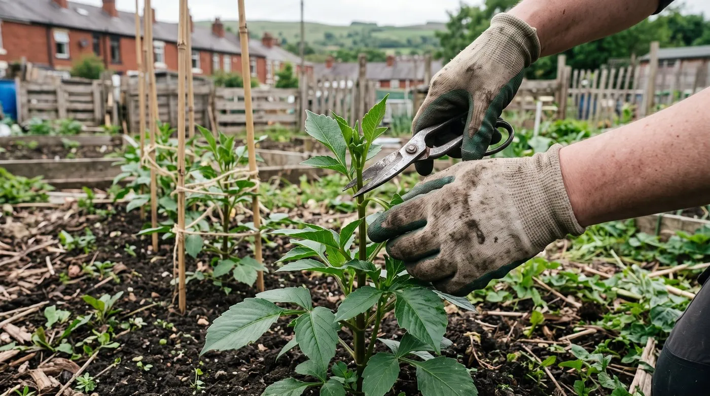 Gloved hands snipping the top shoot off a young dahlia plant on an allotment