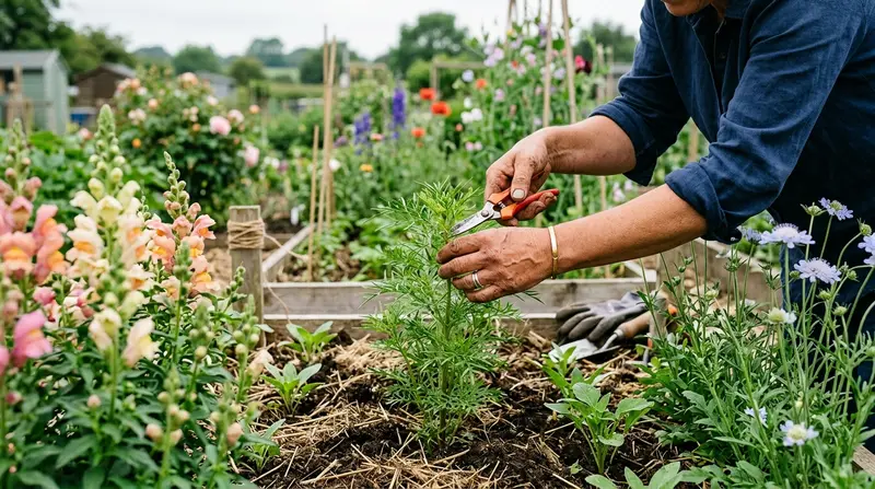 Gardener pinching out the growing tip of a 30cm cosmos plant in a UK cut flower row in early June