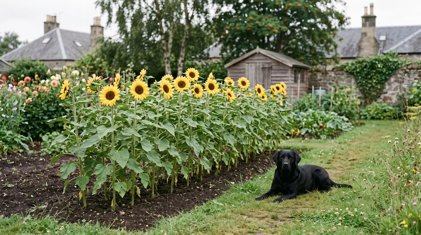 Row of single-stem sunflowers each with one flower head, with a black Labrador lying on the path