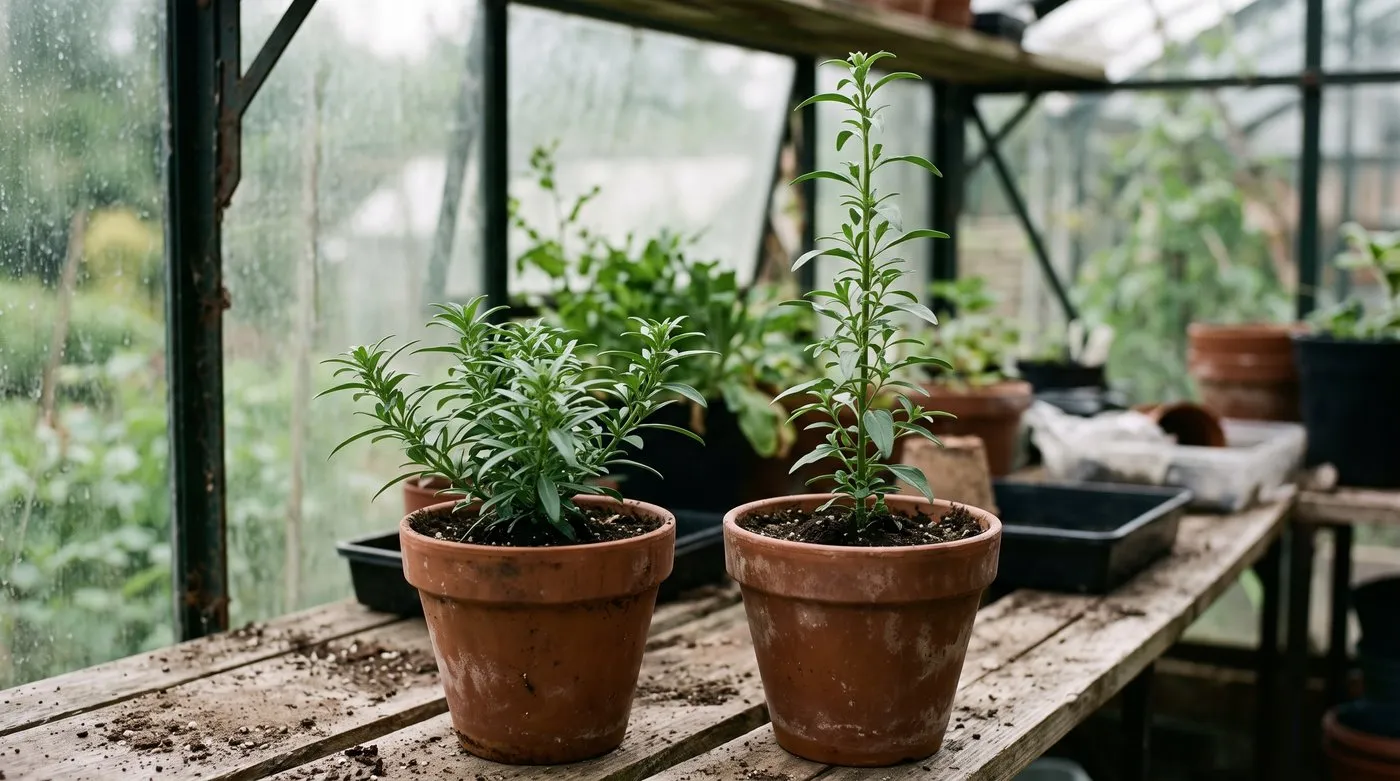 A bushy pinched snapdragon with several side shoots next to an unpinched plant with one tall stem
