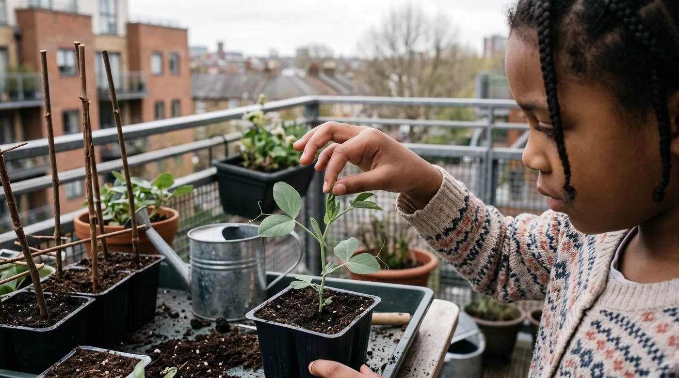 Child pinching the tip off a young sweet pea plant in a root trainer on a balcony